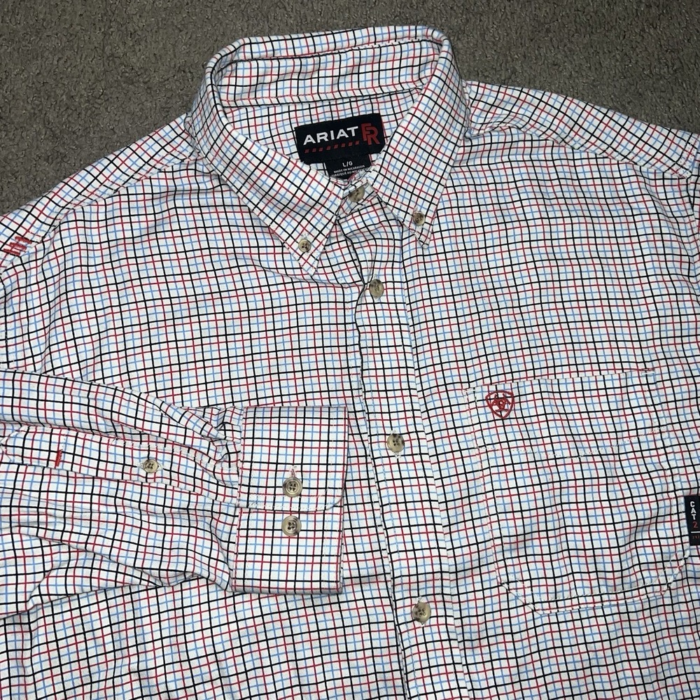 Ariat FR Work Shirt Mens Large Plaid Workwear CAT 2 Utility Flame Resistant